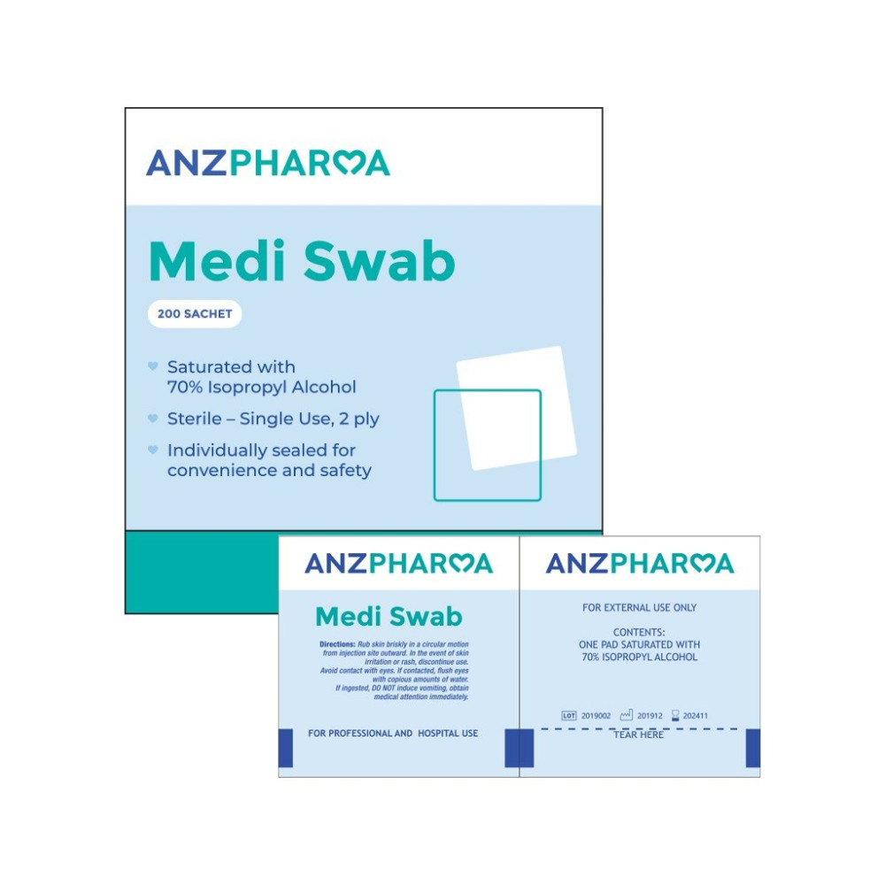 Medi Swab 70 Isopropyl Alcohol 200 Sachets Alcohol Swabs