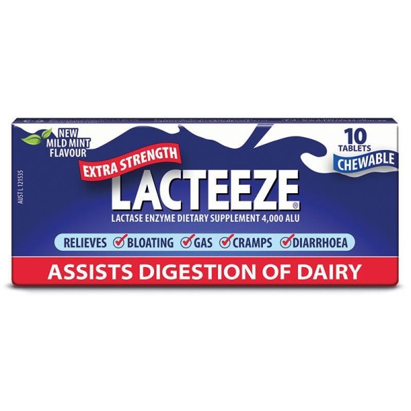 Lacteeze Extra Strength Lactase Enzymes 10 Tablets