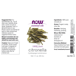 NOW Essential Oils Citronella Oil (Cymbopogon Winterianus) 100% Pure 30ml NOW Essential Oils Citronella Oil (Cymbopogon Winterianus) 100% Pure 30ml