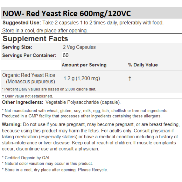 Now Foods Red Yeast Rice 600mg 120 Capsules