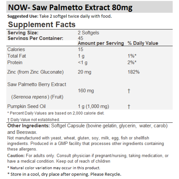 Now Foods Saw Palmetto Extract 80mg plus Pumpkin Seed Oil and Zinc 90 Softgels