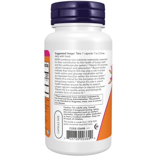 Now Foods Vitamin D3 1000IU & K2 45mcg 120 Capsules