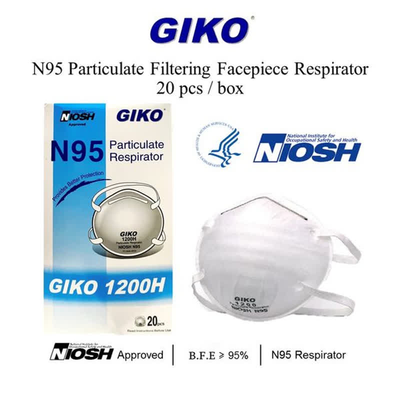 Giko 1200 Particulate Respirator Niosh N95 Face Masks, comply with the BFE value of ≥95%, Provides unparalleled comfort and protection against potentially contaminated droplets. Features a contoured fit and adjustable nosepiece. FDA approved and CDC listed NIOSH respirator.